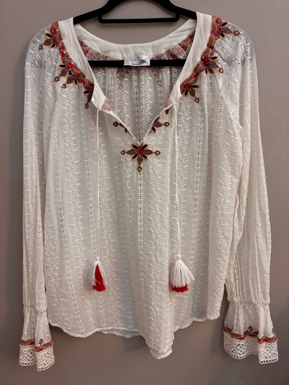Jade By Johnny Was White Embroidered Eyelet Peasant Blouse with Tassels XS